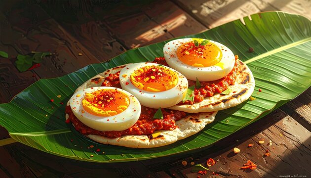 Delicious Boiled Eggs on Flatbread with Spicy Topping Served on Banana Leaf.