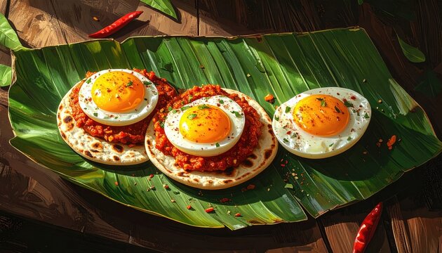 Delicious Indian Breakfast Dish with Fried Eggs and Spices on Banana Leaf.