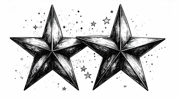 Two Detailed Hand Drawn Stars with Speckled Background.
