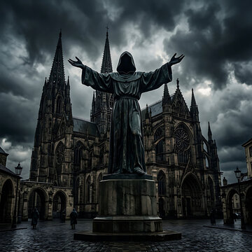 A dark, ominous statue of a hooded monk standing before a gothic cathedral