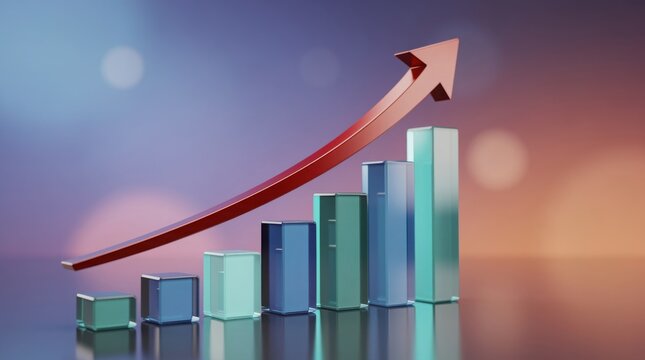 A 3D bar chart with ascending columns and a red upward arrow, representing growth or progress on a gradient background.