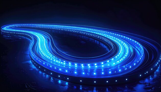 Abstract Blue LED Light Strip Curve with Dark Background.