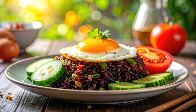 Delicious Black Rice Dish Topped with Fried Egg and Fresh Vegetables.