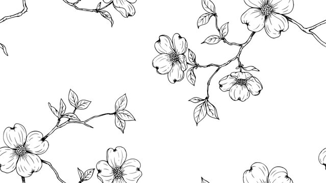 Seamless pattern of hand-drawn dogwood flower branches, elegant black and white botanical illustration for surface design projects, image_337af9.jpg.