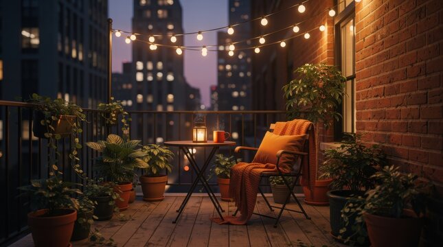 Cozy urban balcony at dusk with string lights, plants, a warm blanket, and candles creating a relaxing evening atmosphere.