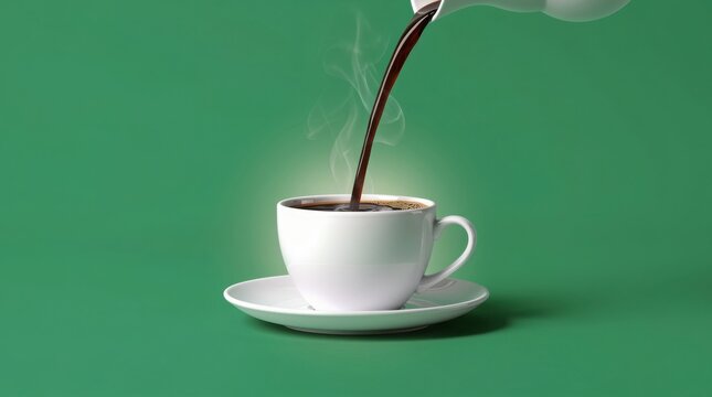 A steaming cup of coffee is being filled with freshly brewed coffee from above, set against a solid green background.