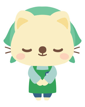 エプロン姿の猫店員のイラスト（お辞儀）　働く　動物
