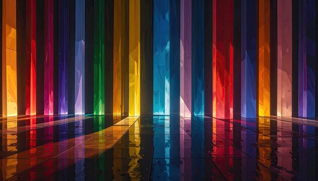Vibrant Rainbow Light Beams Reflecting on a Dark Surface.