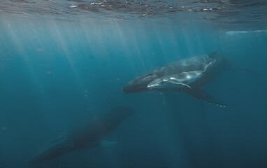 Naklejka premium A close-up underwater view of a humpback whale mother and her calf swimming together. The image highlights the texture of their skin and the vastness of the blue ocean surrounding them as they glide.