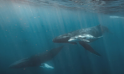 A close-up underwater view of a humpback whale mother and her calf swimming together. The image highlights the texture of their skin and the vastness of the blue ocean surrounding them as they glide. © willyam