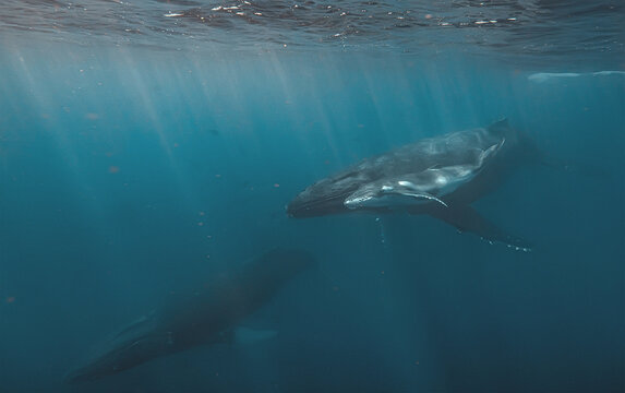 A close-up underwater view of a humpback whale mother and her calf swimming together. The image highlights the texture of their skin and the vastness of the blue ocean surrounding them as they glide.