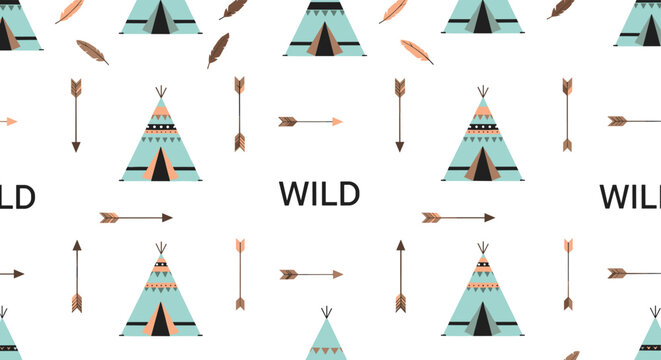 Native American tipi tents seamless pattern with arrows and feathers for boho themed nursery wallpaper, textile prints, and children room decor.