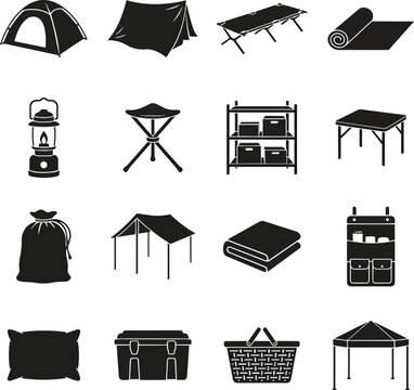 Collection of camping and outdoor equipment icons for travel and recreation, including tents, lanterns, and storage solutions