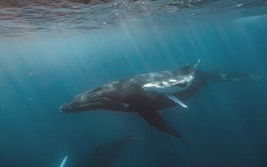 Fototapeta premium A close-up underwater view of a humpback whale mother and her calf swimming together. The image highlights the texture of their skin and the vastness of the blue ocean surrounding them as they glide.