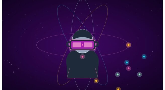 Virtual reality user with atomic orbitals motion animation