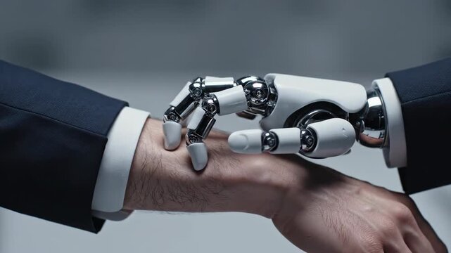 Robotic hand reaches towards human arm, showcasing interaction between technology and humanity in a modern, sleek indoor environment with soft lighting