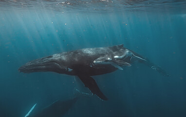 Obraz premium A close-up underwater view of a humpback whale mother and her calf swimming together. The image highlights the texture of their skin and the vastness of the blue ocean surrounding them as they glide.