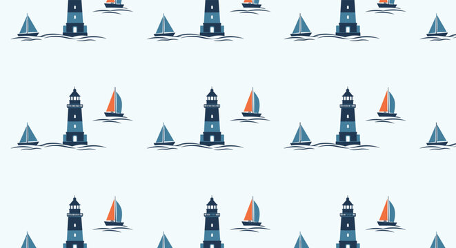 Nautical seamless pattern displaying lighthouses and sailboats on calm sea waves using a palette of blue and orange colors.