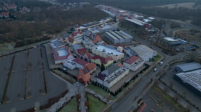large shopping village outlet center complex, winter. Gorgeous aerial view drone