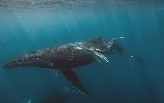 A close-up underwater view of a humpback whale mother and her calf swimming together. The image highlights the texture of their skin and the vastness of the blue ocean surrounding them as they glide.