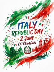 Italy republic day celebration poster with landmarks and watercolor elements