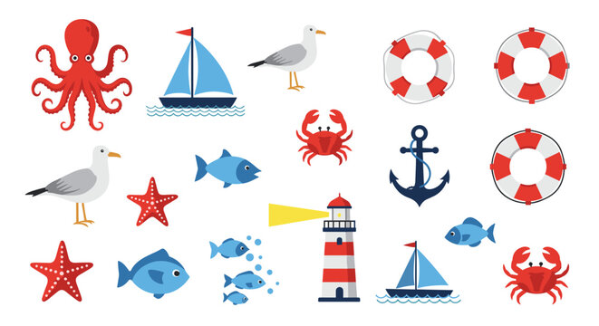 Comprehensive collection of nautical icons including an octopus anchor lighthouse seagulls fish crabs and lifebuoys.