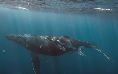 A close-up underwater view of a humpback whale mother and her calf swimming together. The image highlights the texture of their skin and the vastness of the blue ocean surrounding them as they glide. © willyam