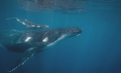 Fototapeta premium A close-up underwater view of a humpback whale mother and her calf swimming together. The image highlights the texture of their skin and the vastness of the blue ocean surrounding them as they glide.