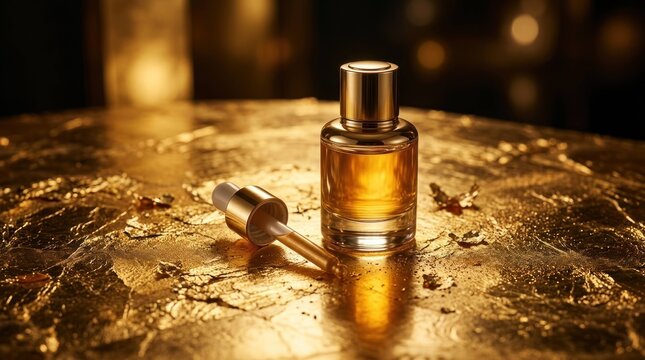 Luxurious Golden Serum Bottle and Dropper on Reflective Gold Surface.