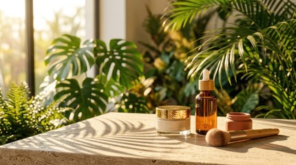 Fototapeta premium Natural Skincare Products with Tropical Plants and Sunlight.