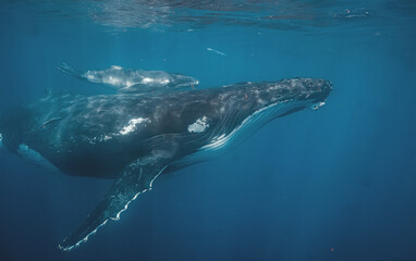 A close-up underwater view of a humpback whale mother and her calf swimming together. The image highlights the texture of their skin and the vastness of the blue ocean surrounding them as they glide. © willyam