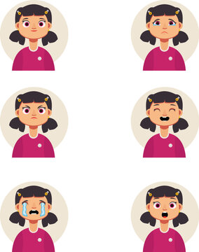 Girl character expression set with pigtails black hair and pink shirt showing different facial emotions vector illustration