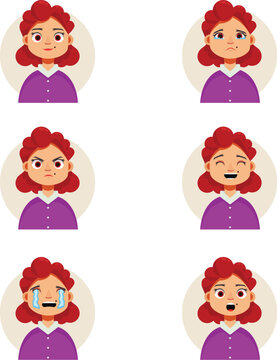 Girl character expression set with curly red hair and purple shirt showing different facial emotions vector illustration