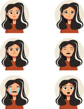 Girl character expression set with long wavy black hair and brown shirt showing different facial emotions vector illustration