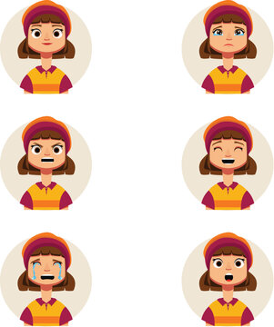 Girl character expression set wearing beanie hat and yellow shirt showing different facial emotions vector illustration