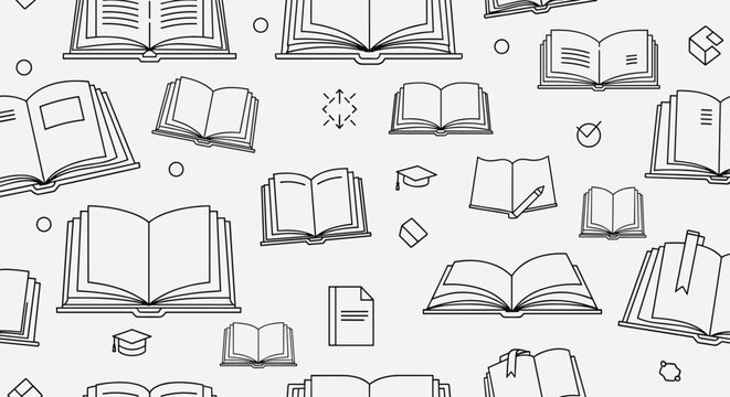 Educational seamless pattern featuring black and white line drawings of open and closed books and graduation caps.