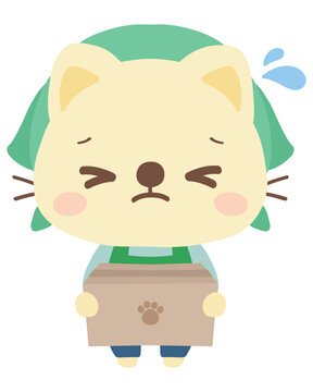 エプロン姿の猫店員のイラスト（段ボールを持つ）　働く　動物