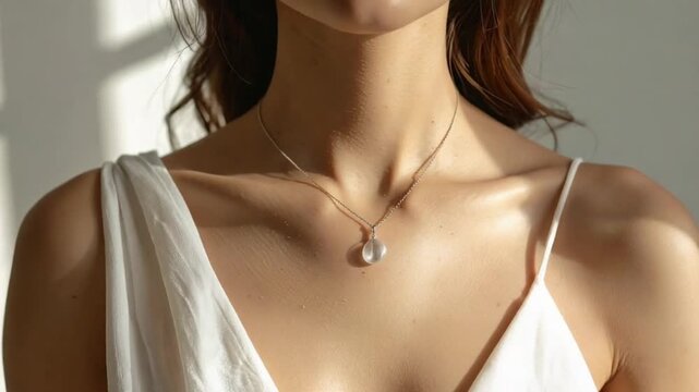 Elegant woman wearing delicate necklace in soft sunlight