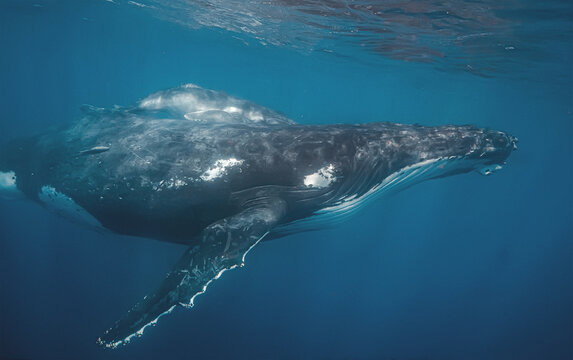 A close-up underwater view of a humpback whale mother and her calf swimming together. The image highlights the texture of their skin and the vastness of the blue ocean surrounding them as they glide.