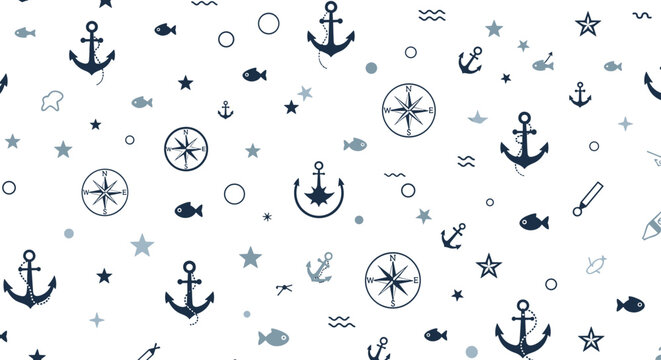 Classic nautical seamless pattern displaying anchors compass roses fish stars and waves in a dark blue and white palette.