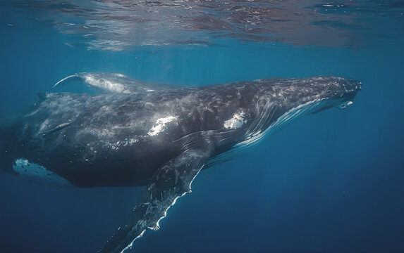 A close-up underwater view of a humpback whale mother and her calf swimming together. The image highlights the texture of their skin and the vastness of the blue ocean surrounding them as they glide.