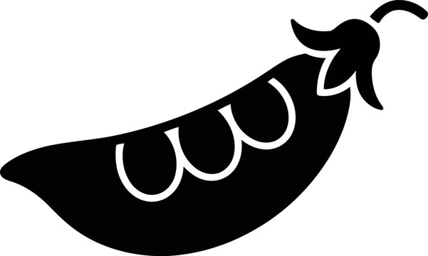 Stylized black silhouette of a single pea pod with a curved stem and leaves on a white background
