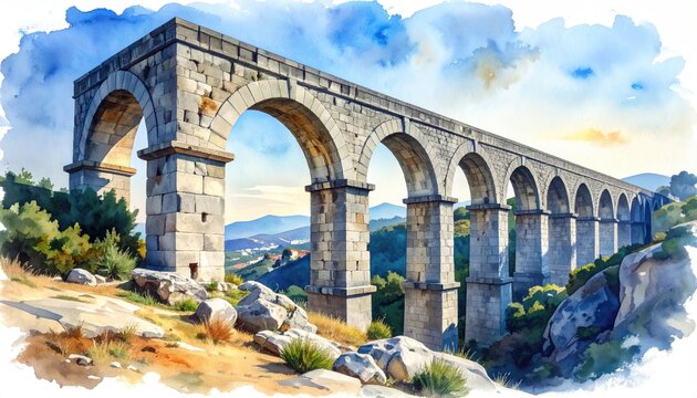 Historic stone aqueduct spanning scenic landscape with blue sky