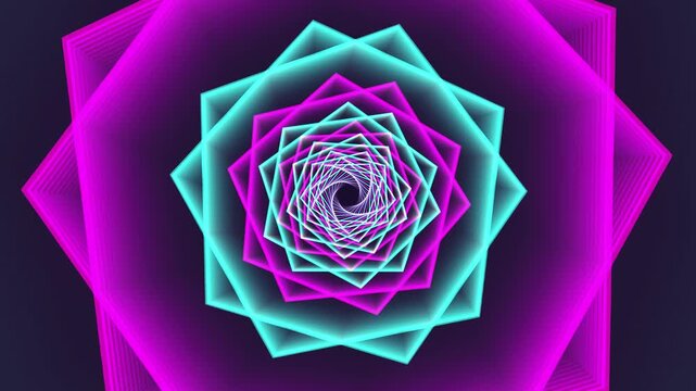 Abstract Geometric Neon Octagon Tunnel Loop with Magenta and Cyan Glowing Lines. 4k Video