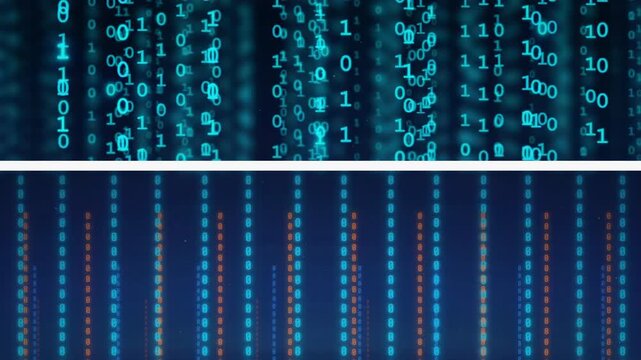 Abstract digital binary code stream with glowing blue and orange data particles moving vertically