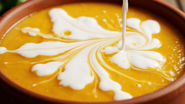 pumpkin soup receiving cream close-up forming swirl pattern on surface, showing smooth blending and rich texture during serving moment with gourmet presentation, autumn dish and appetizing hot meal
