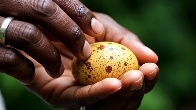 Close up of hands with dark skin holding a small speckled egg outdoors