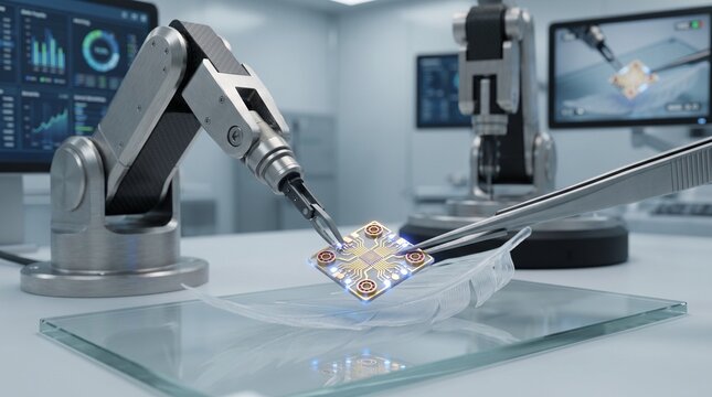 Robotic arm precisely handles diamond with tweezers on a glass plate in a lab