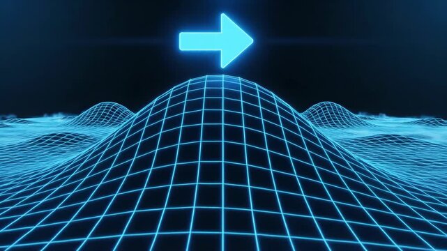 Blue digital landscape with grid pattern and glowing arrow moving right over a series of hills, illustrating motion and depth in a futuristic environment