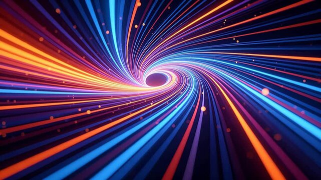 Colorful spiral light tunnel with red orange blue and purple vortex lines converging to black center